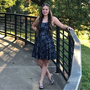 Navy blue floral lace and silver dress perfect for a homecoming!